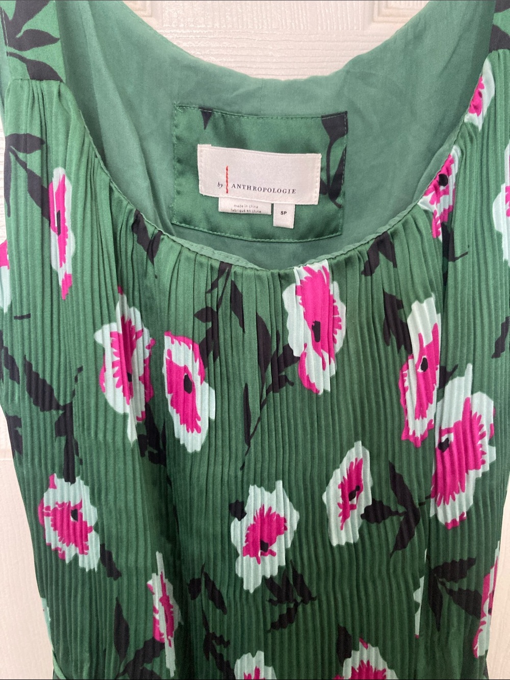 Anthropologie Green Floral Midi Dress with Pink and White Blooms